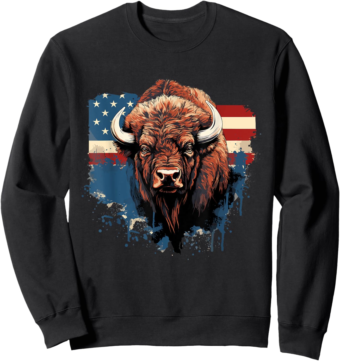 Vintage Bison American Flag Buffalo Animal Men Women Kids Sweatshirt - Sweatshirt | Black