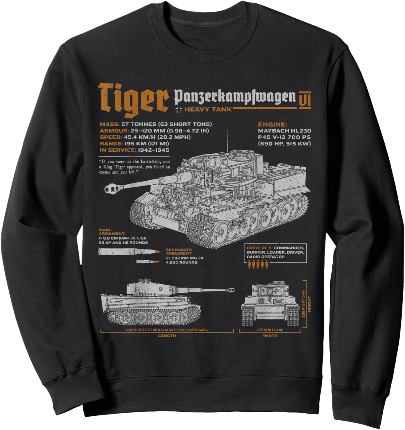 Tiger Tank Panzer PzKpfw VI World War 2 Blueprint Sweatshirt - Sweatshirt | Black