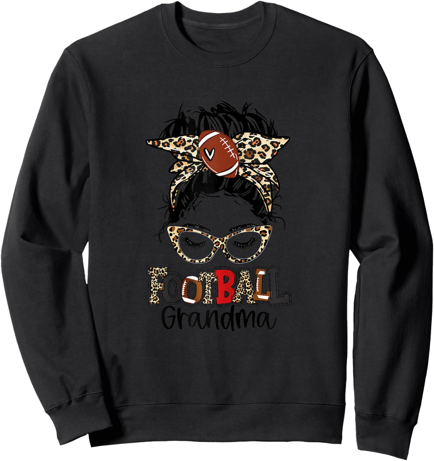 Leopard Messy Bun Football Grandma Game Day Mothers Day Sweatshirt - Sweatshirt | Black