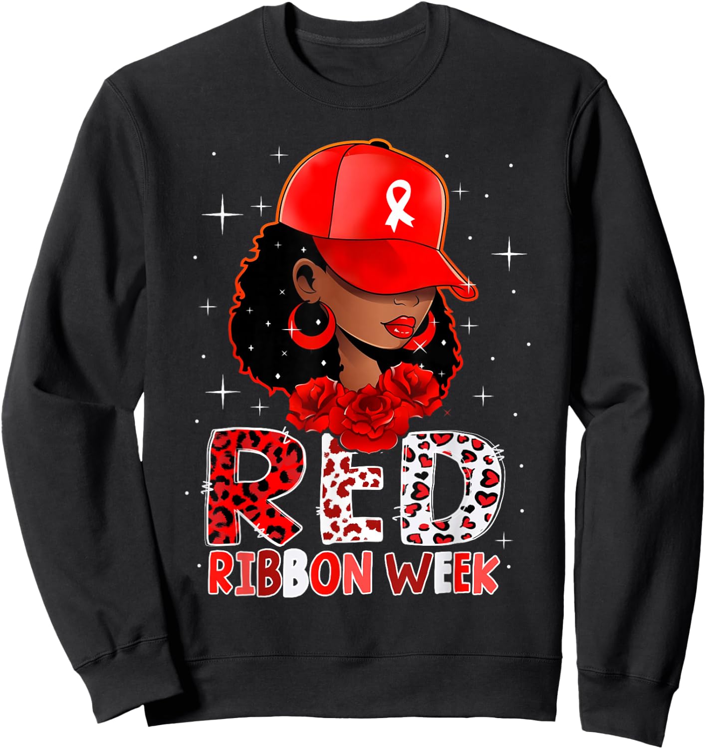 Black Girl Red Ribbon Week Leopard We Wear Red for Awareness Sweatshirt - Sweatshirt | Black
