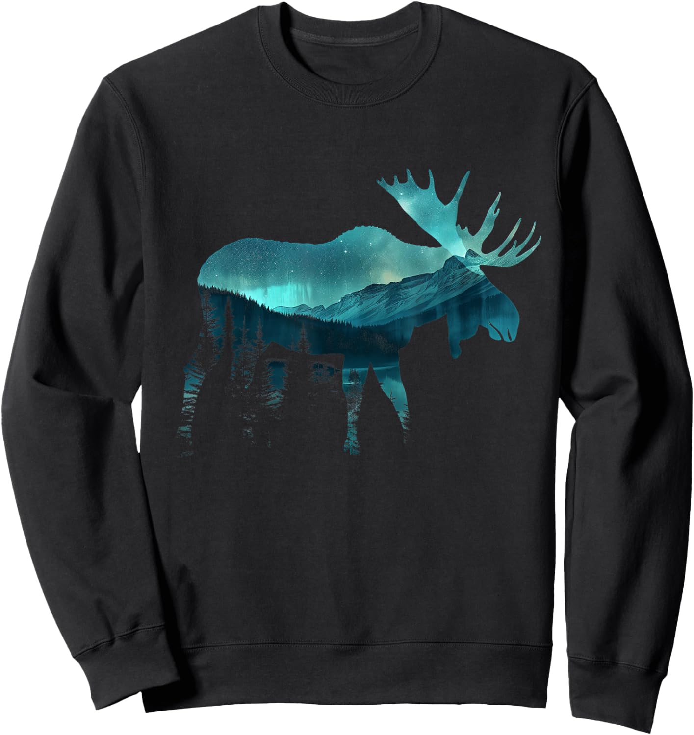 Moose Northern Light Winter Hiking Alaska Nature Lover Sweatshirt - Sweatshirt | Black