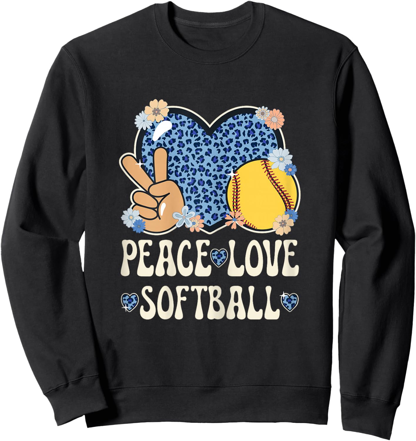 Peace Love Softball Lover Leopard Print Girls Cute Softball Sweatshirt - Sweatshirt | Black