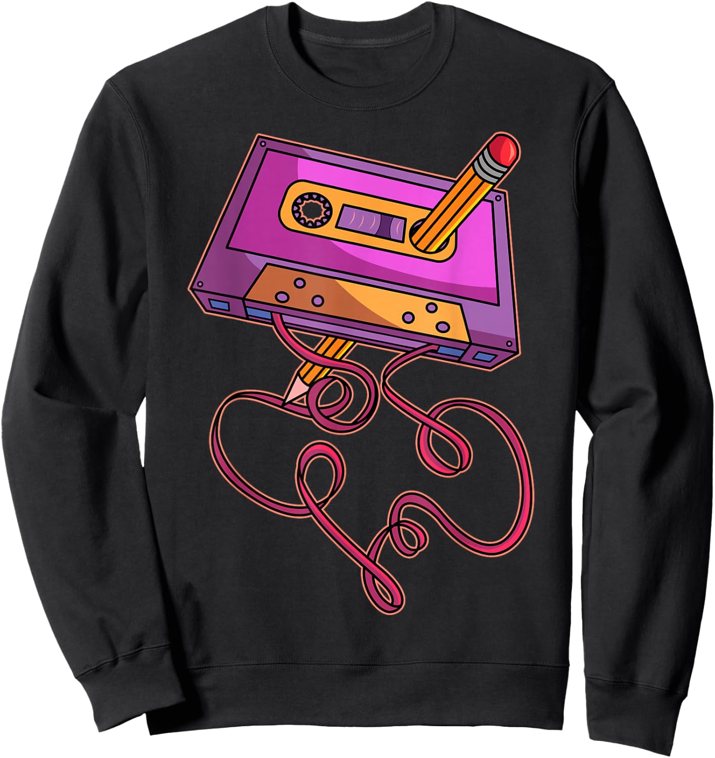 80s Cassette Tape Pencil 1980s Retro Vintage Throwback Music Short Sleeve Sweatshirt - Sweatshirt | Black
