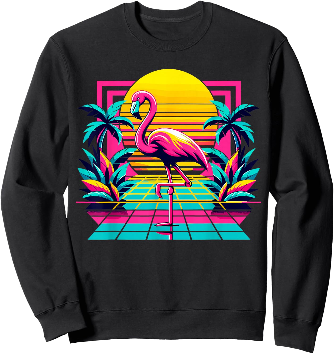 Pink Flamingo Palm Trees Tropical Summer Sweatshirt - Sweatshirt | Black