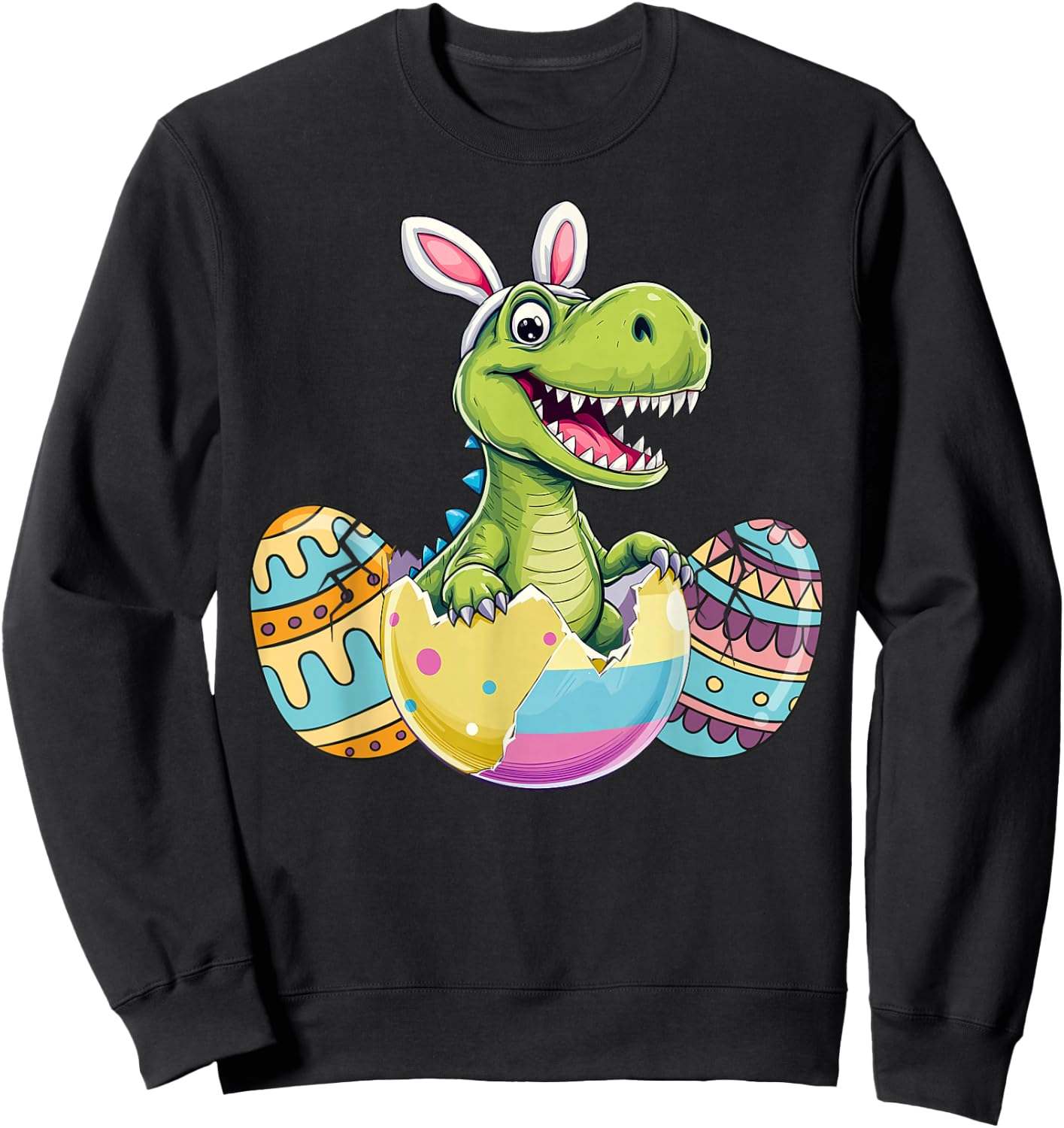 Happy Easter Dinosaur Bunny Ears Egg T Rex Kids Boys Sweatshirt - Sweatshirt | Black