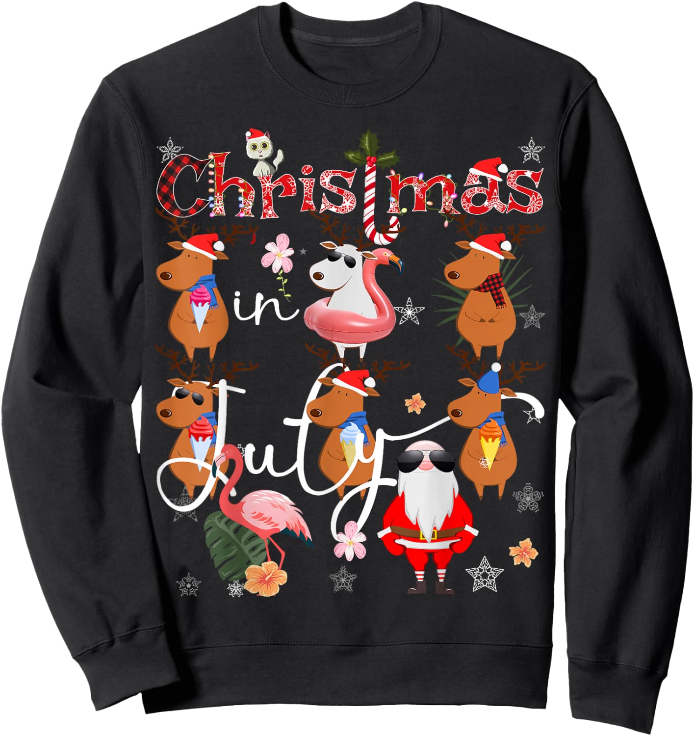 Christmas in July Funny Santa Reindeer Flamingos Summer Sweatshirt - Sweatshirt | Black