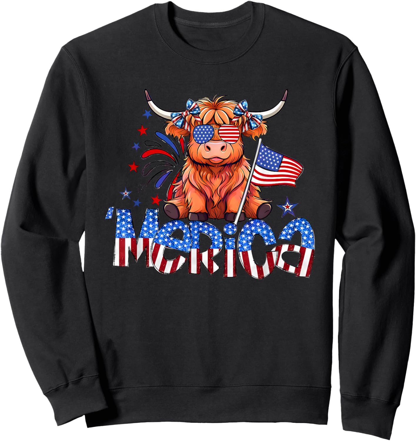 Retro Merica 4th Of July Highland Cow Women Men Sweatshirt - Sweatshirt | Black