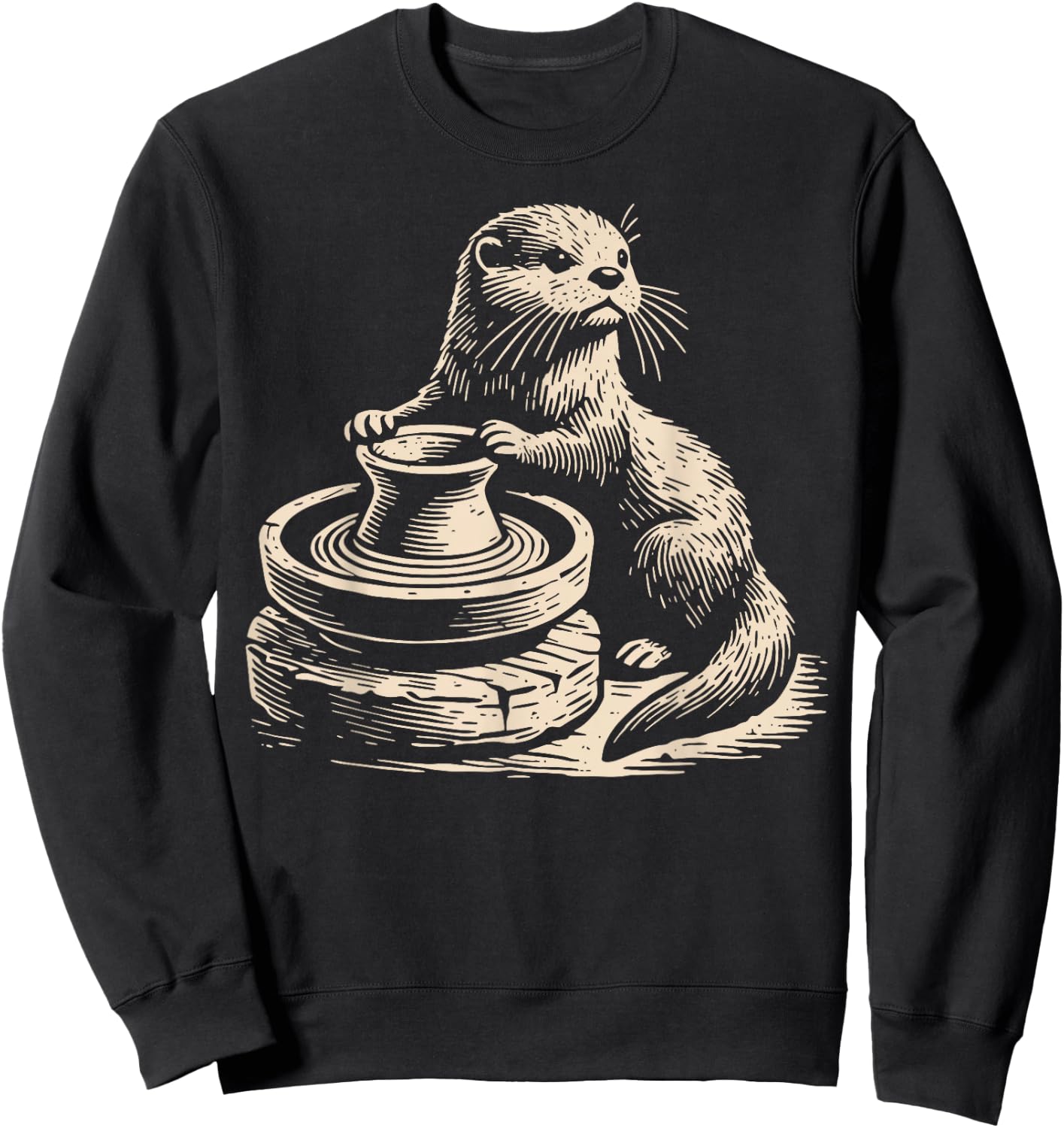 Retro Cute Otter At Pottery Wheel Throwing Ceramic Artist Sweatshirt - Sweatshirt | Black