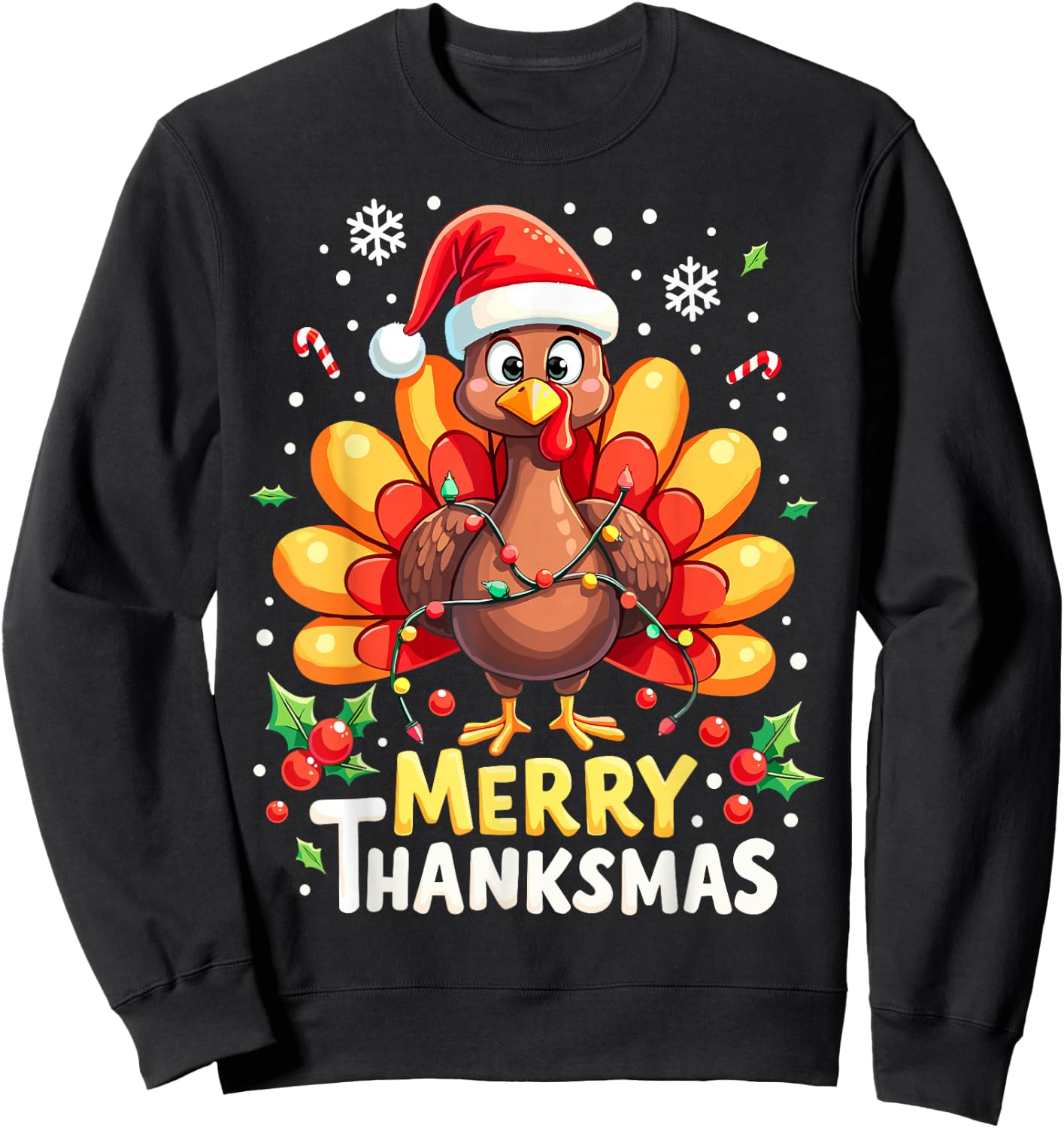 Turkey Santa Happy Merry Thanksmas Thanksgiving Christmas Sweatshirt - Sweatshirt | Black