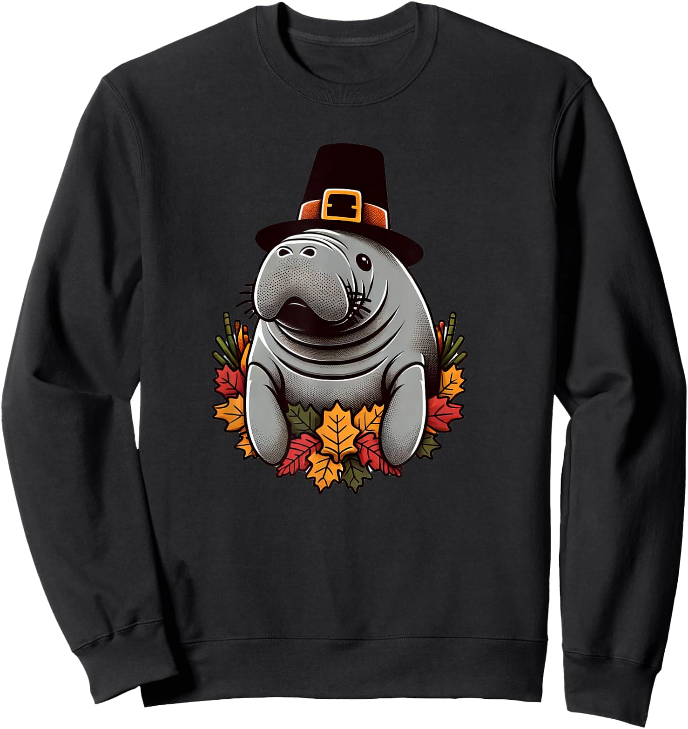 Thanksgiving Manatee Pilgrim Hat Sea Cow Autumn Fall Sweatshirt - Sweatshirt | Black