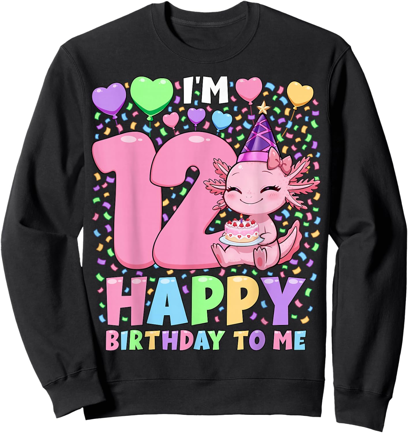 Girls Axolotl Birthday Shirt | 12 Years Old Birthday Axolotl Sweatshirt - Sweatshirt | Black