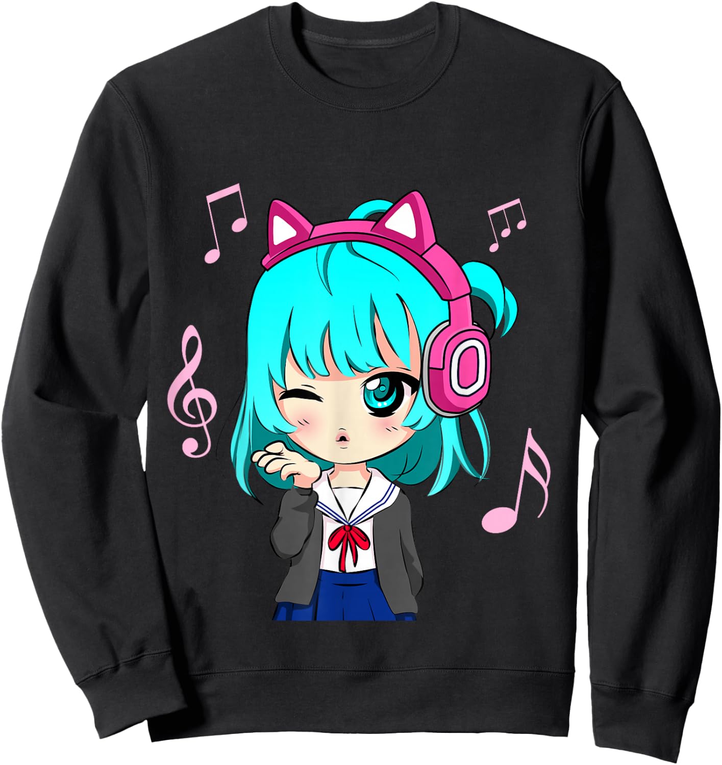 Anime and Music Girl for Teen Chibi Graphic Anime Girl Small Sweatshirt - Sweatshirt | Black