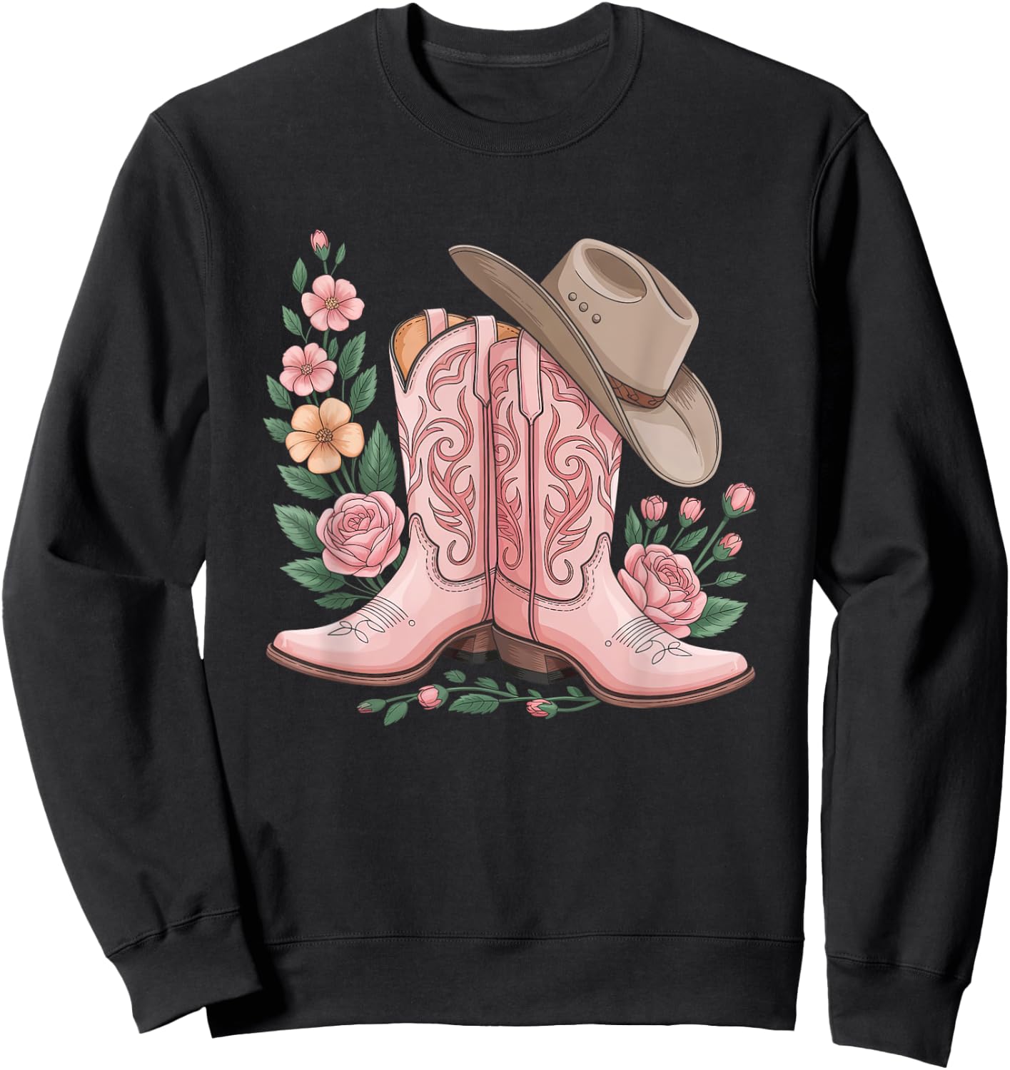 Cowboy Boot Western Country Cowgirl Flowers Girl Pink Woman Sweatshirt - Sweatshirt | Black