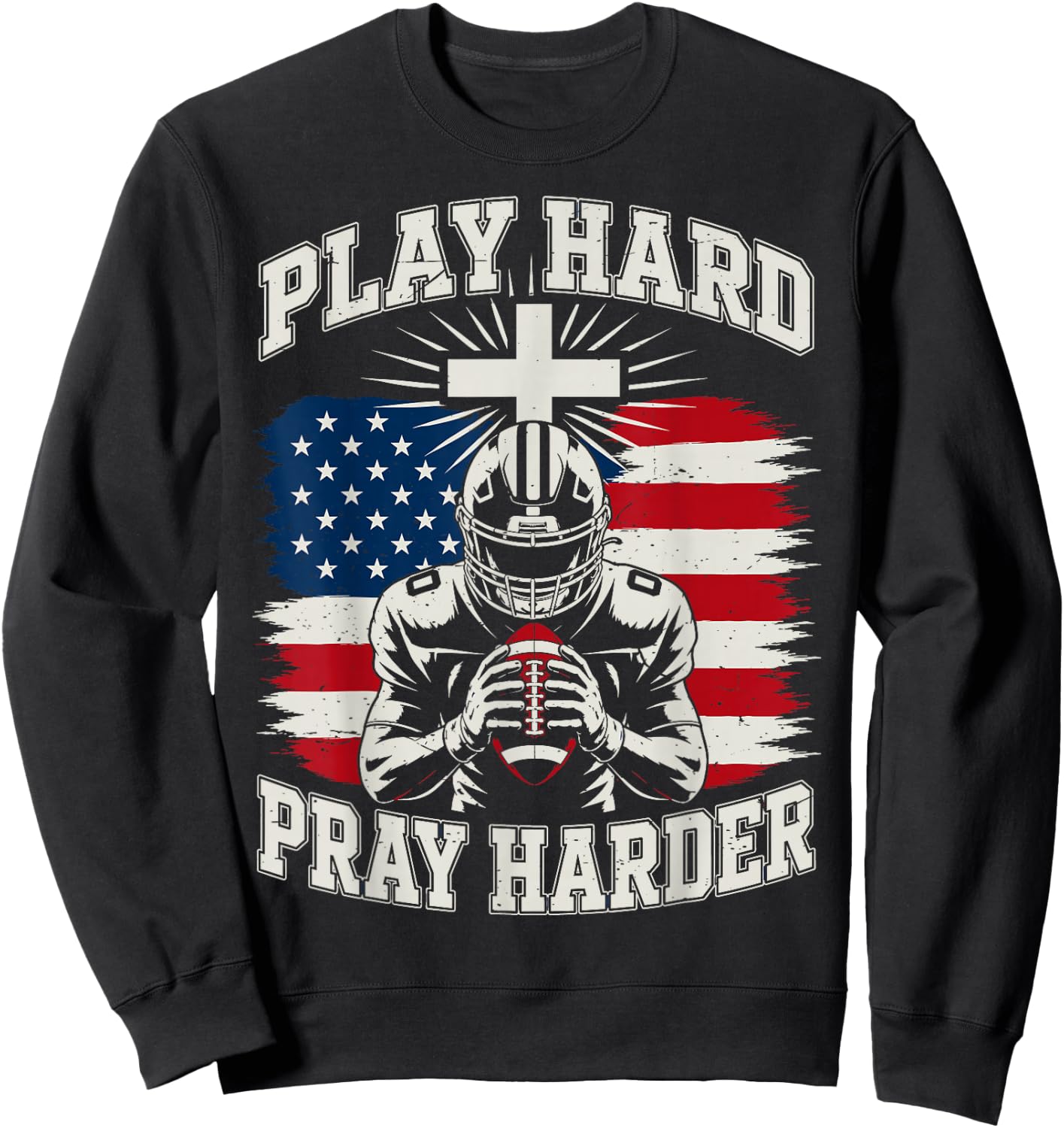 Youth Christian Football Play Hard Pray Harder American Flag Sweatshirt - Sweatshirt | Black