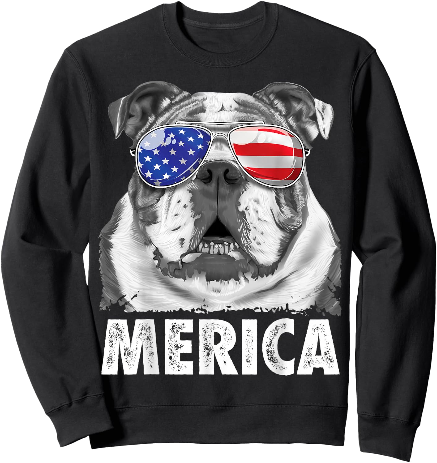English Bulldog 4th of July Merica Men Women USA Flag Retro Sweatshirt - Sweatshirt | Black