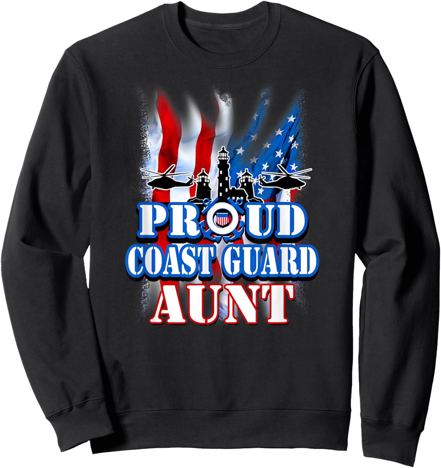 Coast Guard Aunt Shirt USA Flag Military Women Sweatshirt - Sweatshirt | Black
