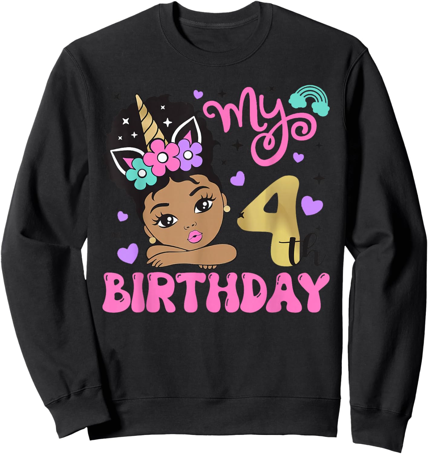 It's My 4th Birthday Black Girl 4 Years Old Melanin Kids Sweatshirt - Sweatshirt | Black