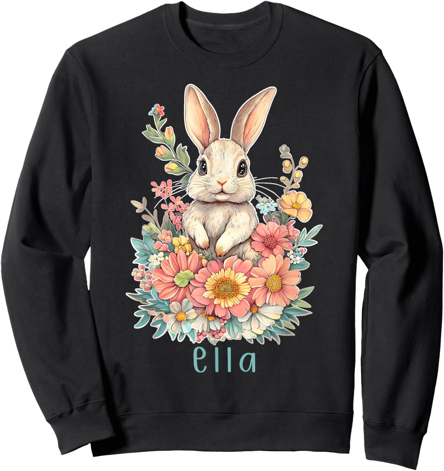 First Name Ella Cute Bunny Flowers Personalized Girl Sweatshirt - Sweatshirt | Black