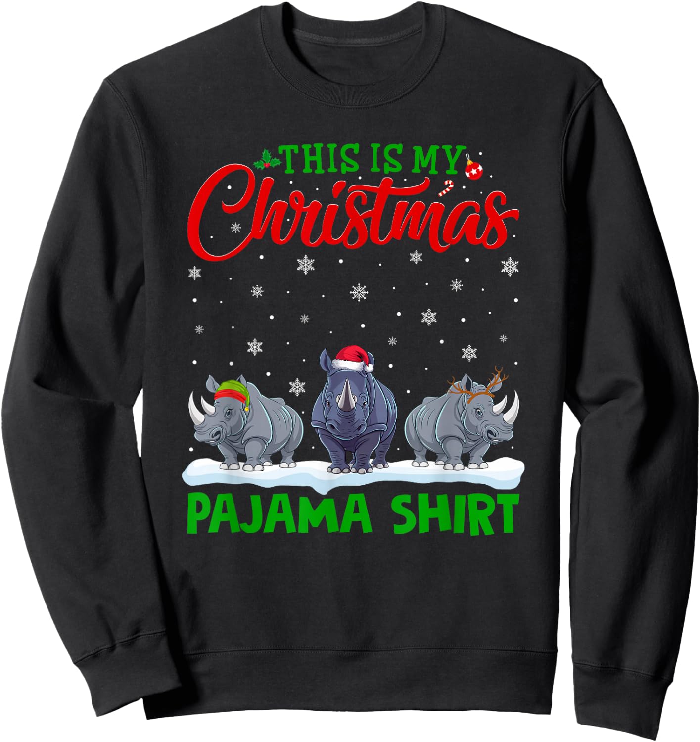 Xmas Santa Hat Reindeer Rhino Christmas Pajama Sweatshirt - Sweatshirt | Black