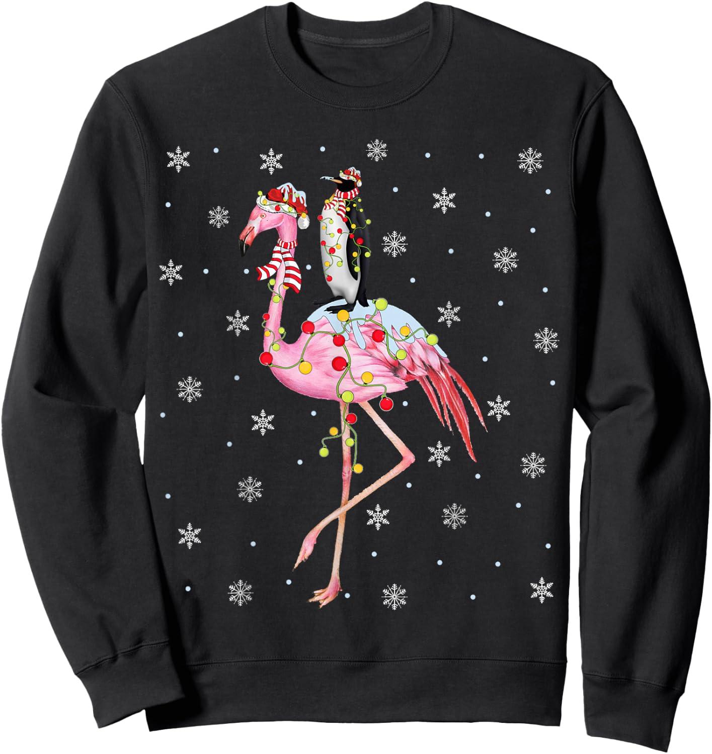 Xmas Lighting Santa Hat Flamingo Riding Penguin Christmas Sweatshirt - Sweatshirt | Black