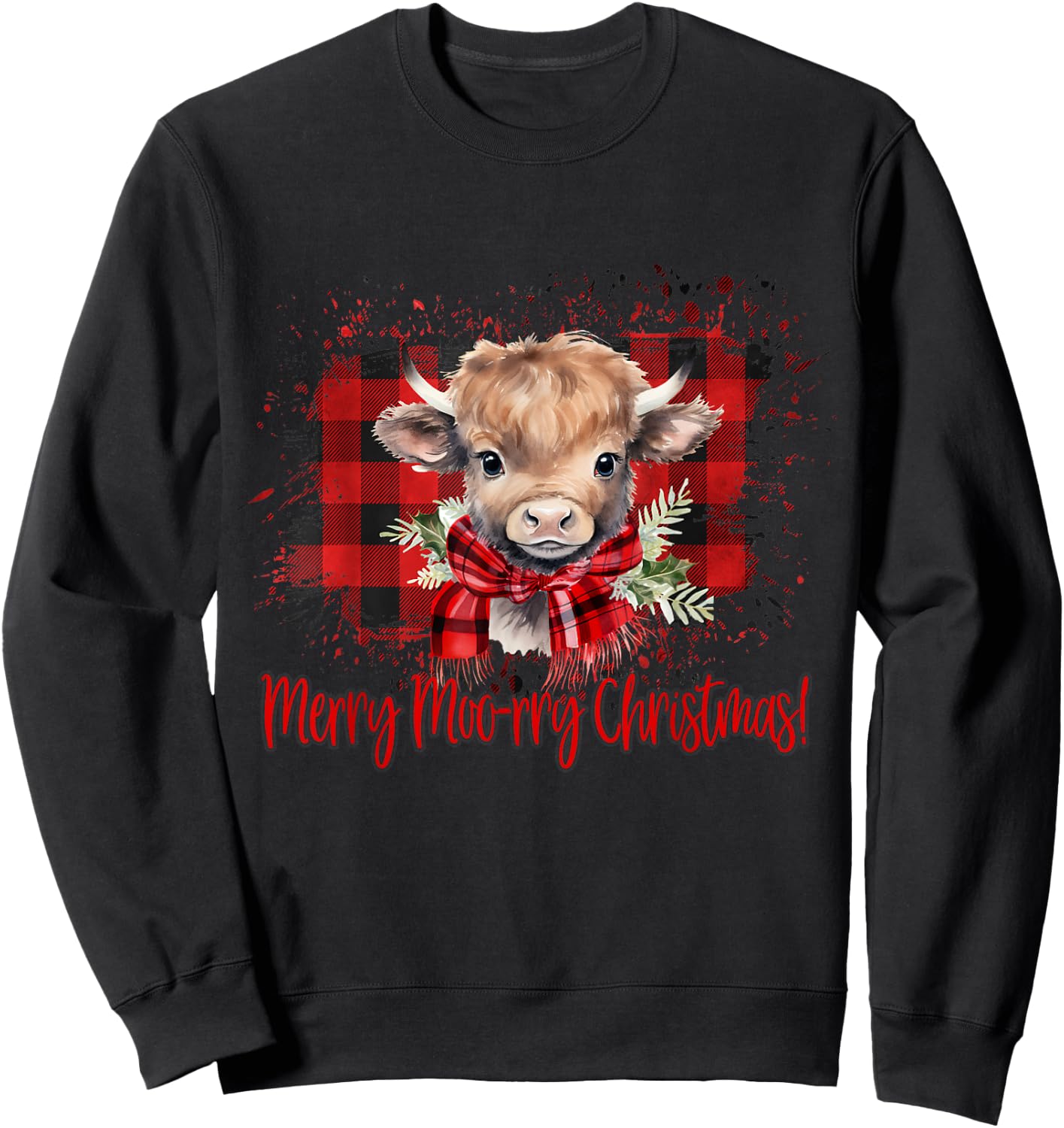 Merry Moo-rry Christmas Buffalo Plaid Highland Cow Sweatshirt - Sweatshirt | Black