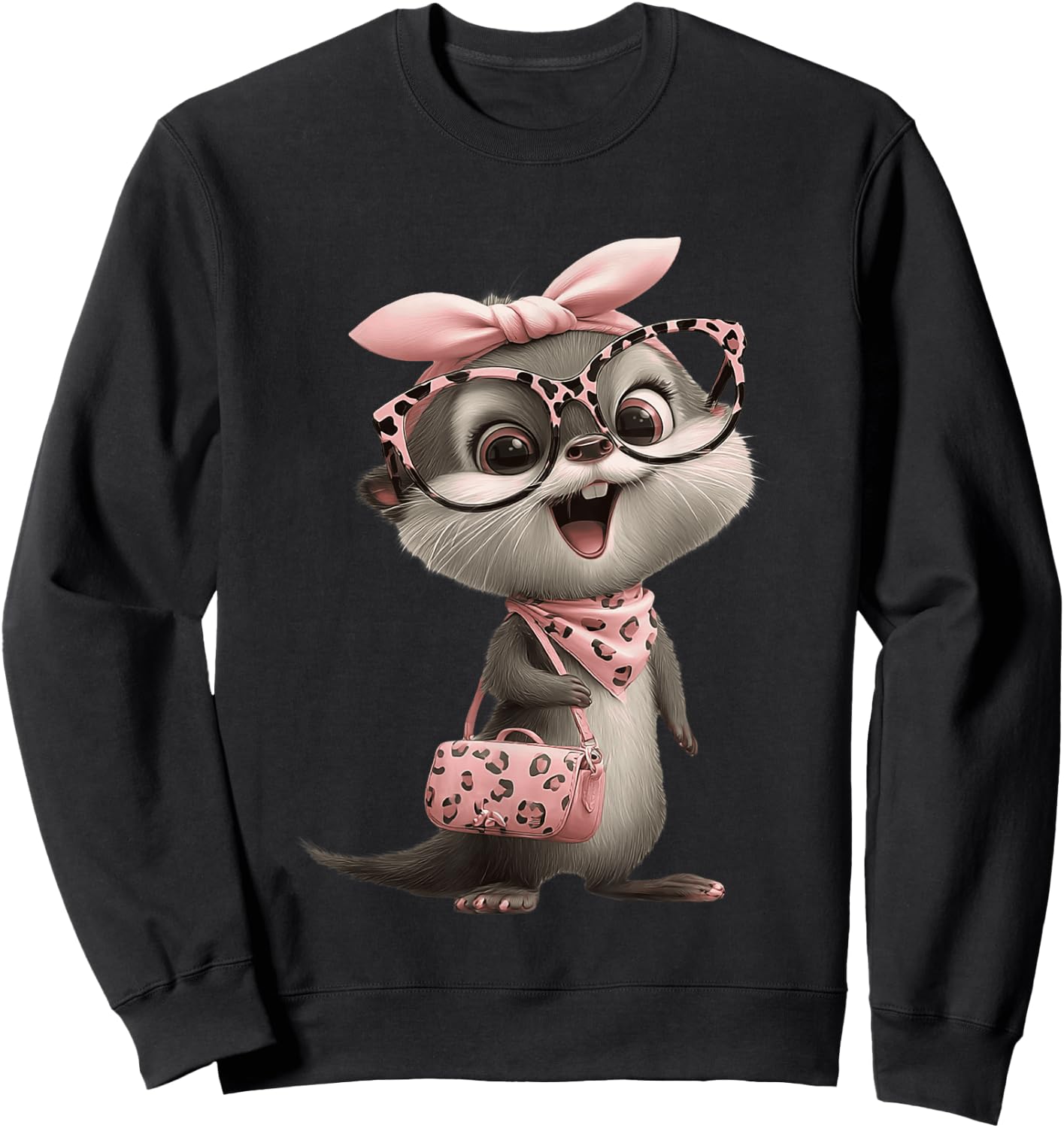 Baby Otter Kawaii Character Pink Leopard Glasses Portrait Sweatshirt - Sweatshirt | Black