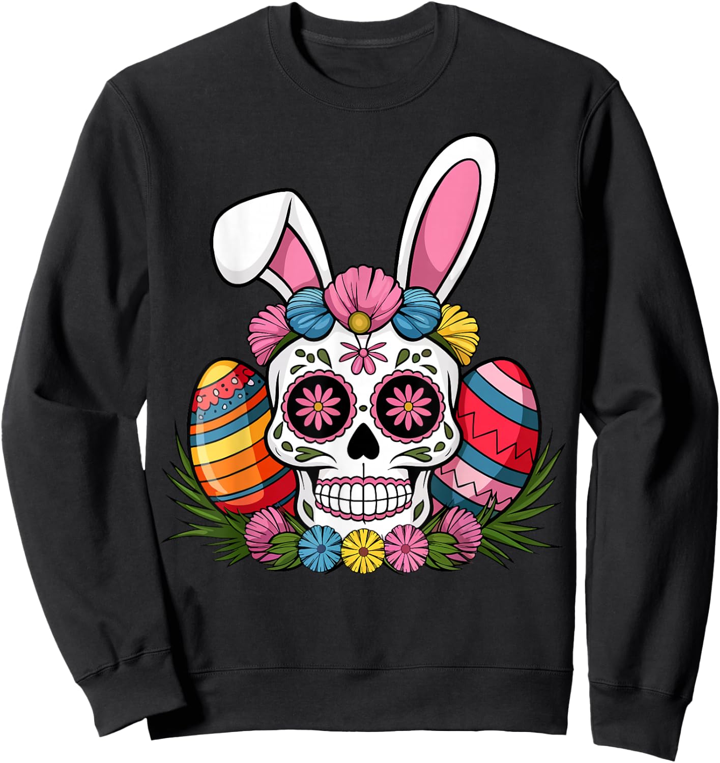 Sugar Skull Bunny Rabbit Ears Mexican Easter Day Sweatshirt - Sweatshirt | Black