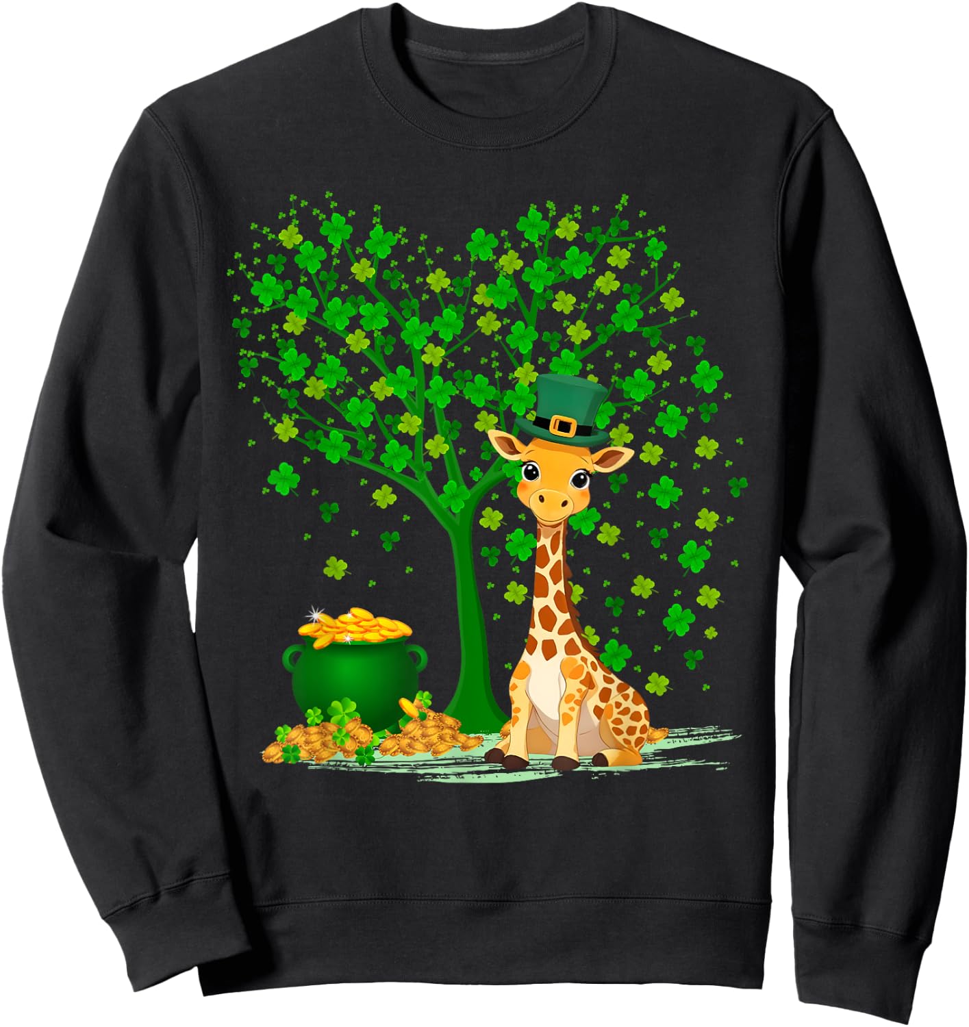 Shamrock Tree Leprechaun Hat Giraffe St Patrick's Day Sweatshirt - Sweatshirt | Black
