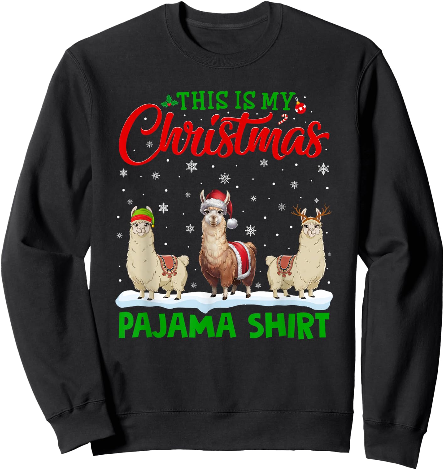 Xmas Santa Hat Reindeer Llama Christmas Pajama Sweatshirt - Sweatshirt | Black