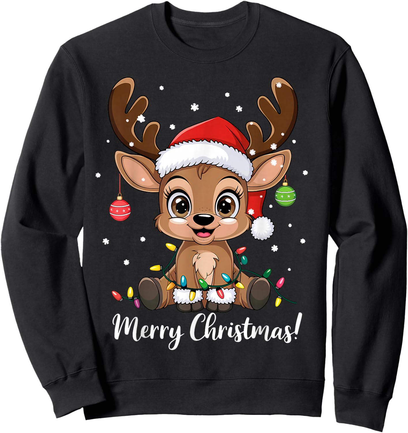 Reindeer Christmas Sweater, Cute Christmas Hat Merry Christmas , Black, S Sweatshirt - Sweatshirt | Black