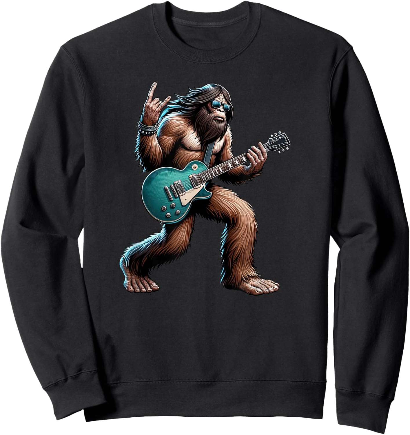 Rock On Bigfoot Playing Electric Guitar Sasquatch Music Band Sweatshirt - Sweatshirt | Black