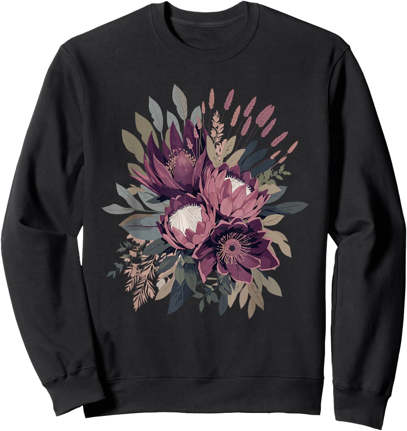 Protea Flower Bouquet Vintage Botanical Aesthetic Sweatshirt - Sweatshirt | Black