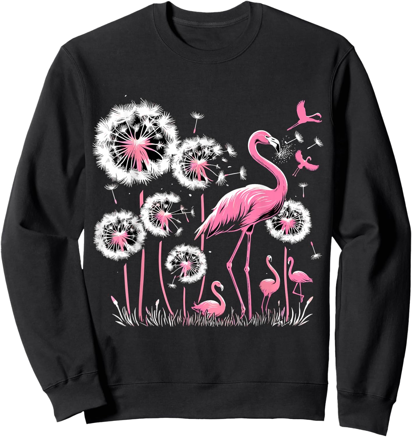 Flamingo and Dandelion Flower , Small, Black Sweatshirt - Sweatshirt | Black