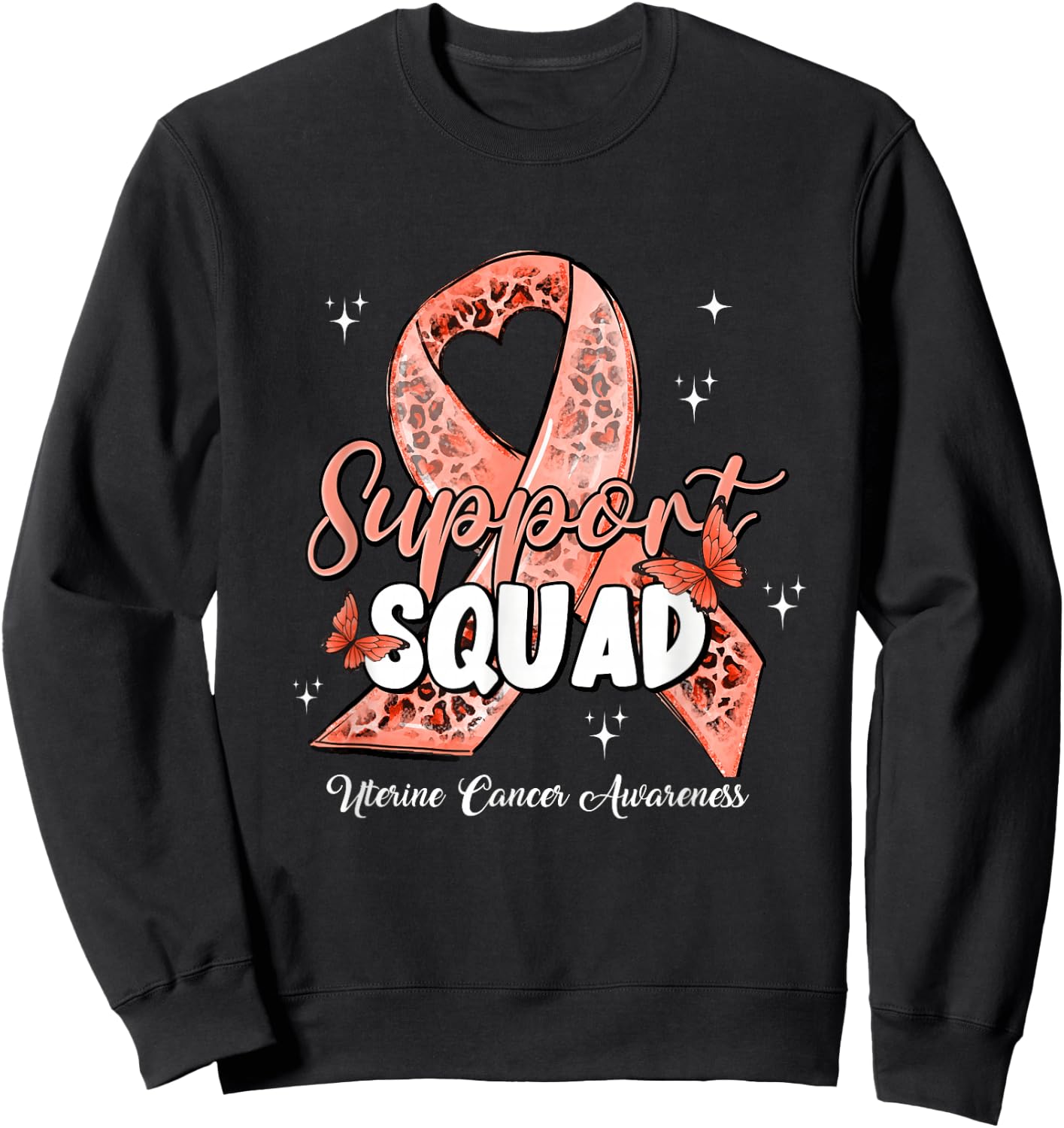 Support Squad Butterfly Peach Ribbon Uterine Cancer Gifts Sweatshirt - Sweatshirt | Black