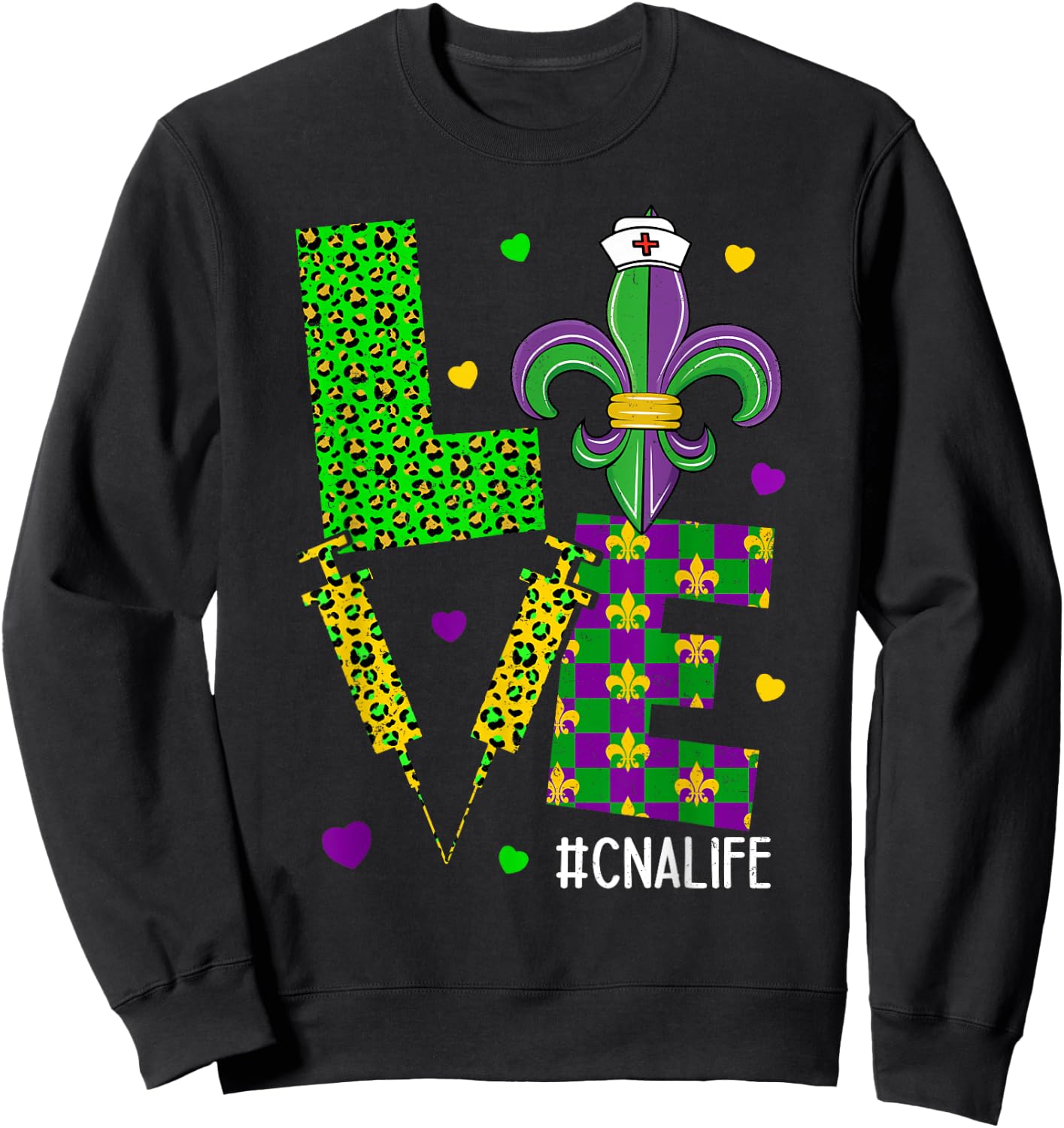 Leopard Love CNA Life Scrub Nurse Mardi Gras Women RN ICU ER Sweatshirt - Sweatshirt | Black