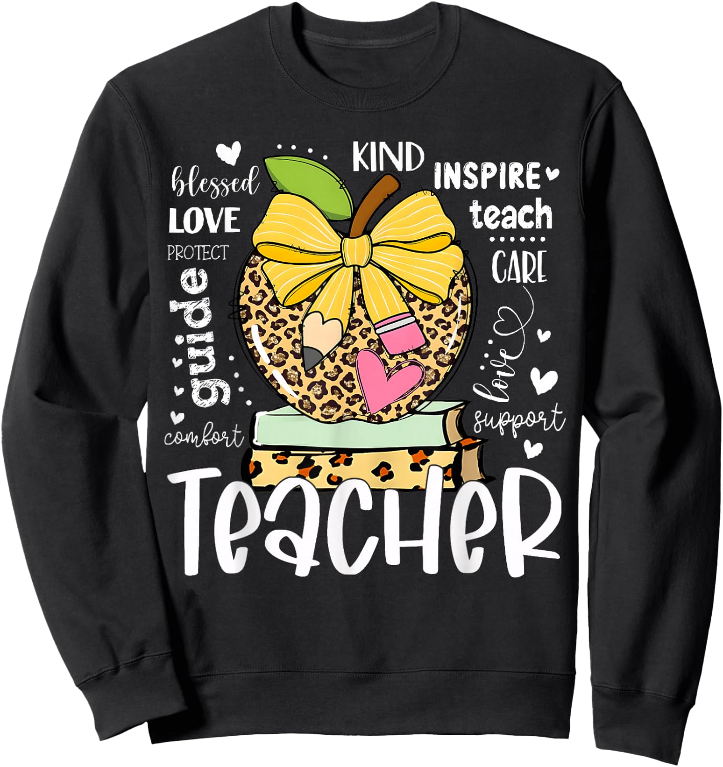 Back to School Teacher Leopard Apple Bow Women Girl Sweatshirt - Sweatshirt | Black