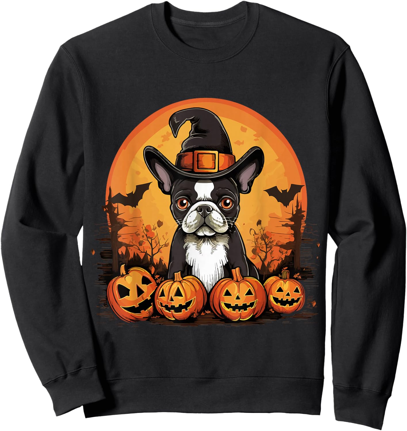 Boston Terrier Bostie Dog Breed Pet Halloween Pumpkins Men Women Kids Sweatshirt - Sweatshirt | Black