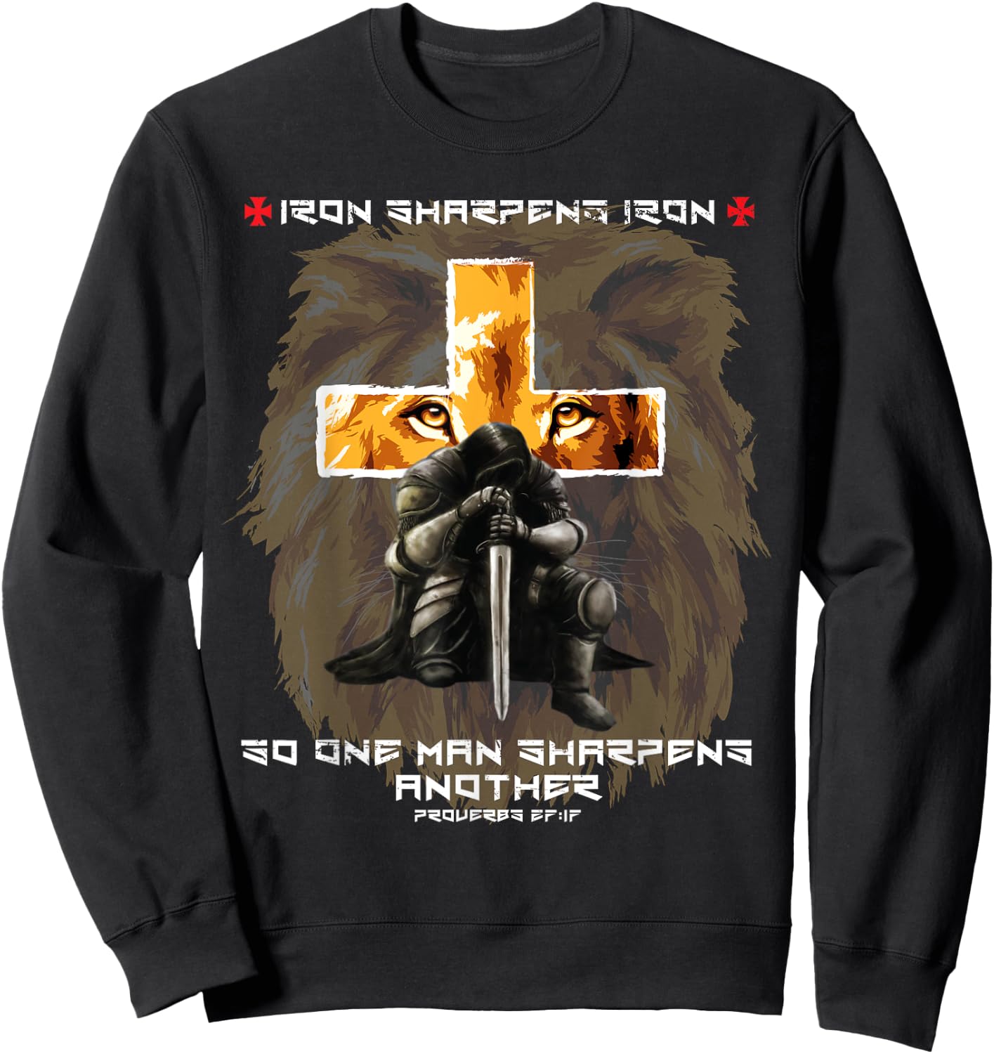 Iron Sharpens Iron Christian Saying Lion Judah Cross Graphic Sweatshirt - Sweatshirt | Black