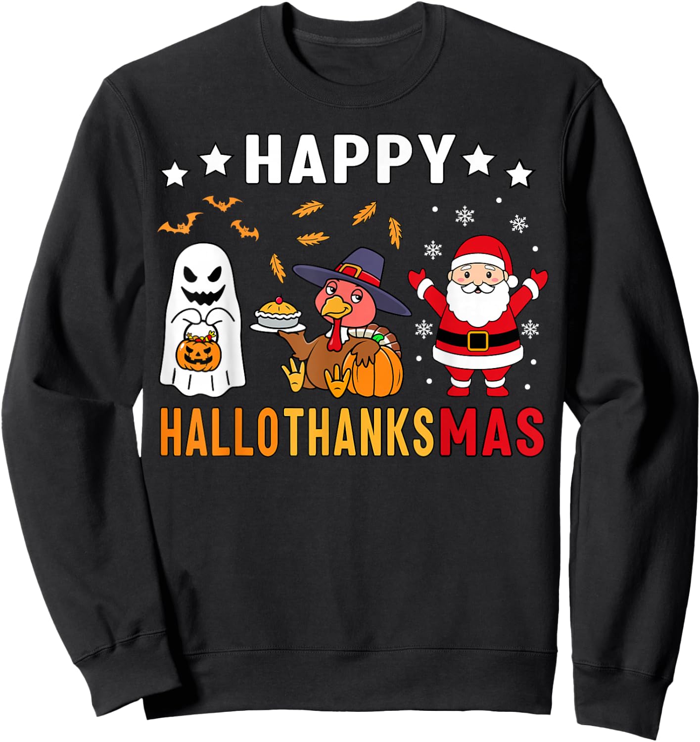 Happy Hallothanksmas Ghost Turkey Pumpkin Christmas Santa Sweatshirt - Sweatshirt | Black
