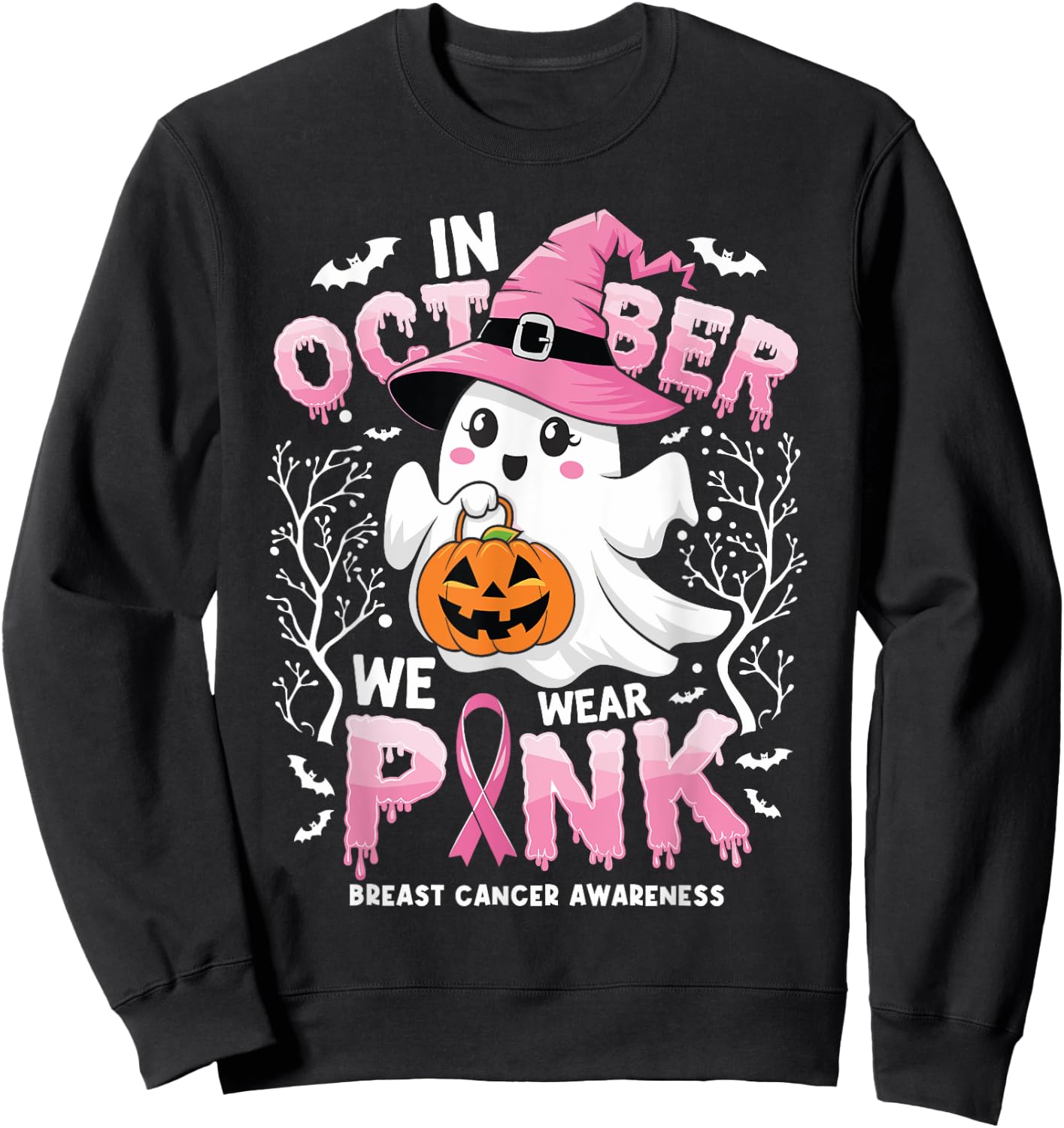 In October We Wear Pink Ghost Witch Breast Cancer Awareness Sweatshirt - Sweatshirt | Black