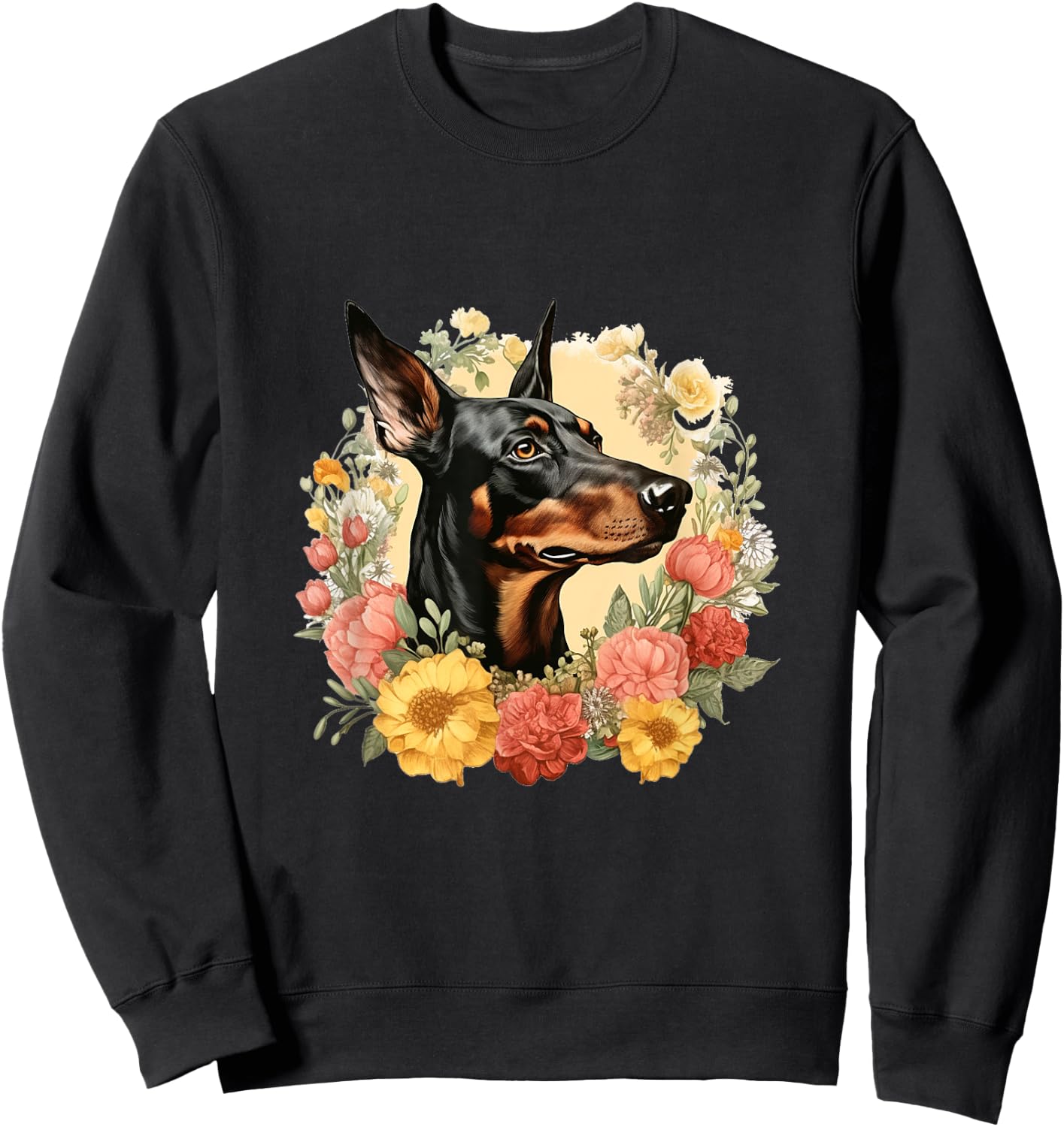 Doberman Pinscher Dog With Flowers Vintage Floral Border Sweatshirt - Sweatshirt | Black
