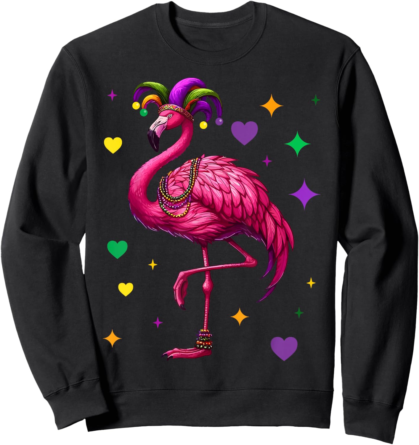 Flamingo Wearing Jester Hat Mardi Gras Fun Sweatshirt - Sweatshirt | Black