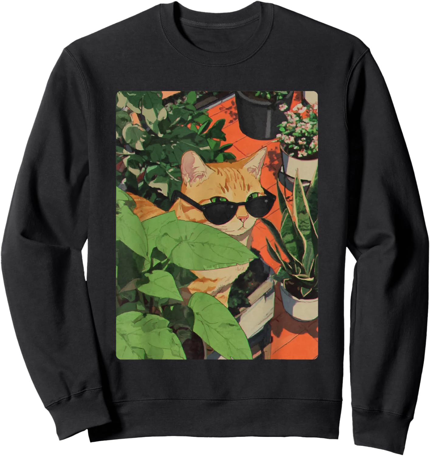 Chat tigré Roux rétro avec Lunettes de Soleil Anime Feline Sweatshirt - Sweatshirt | Black