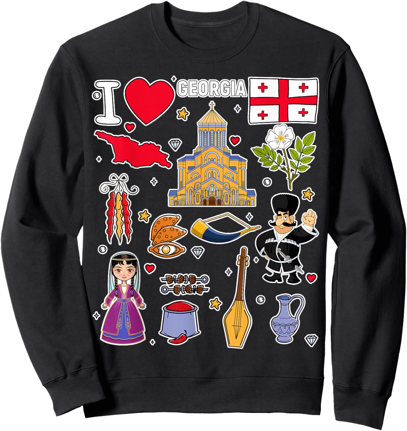 Georgian hand drawn symbols, Georgia map, cultural icons Sweatshirt - Sweatshirt | Black