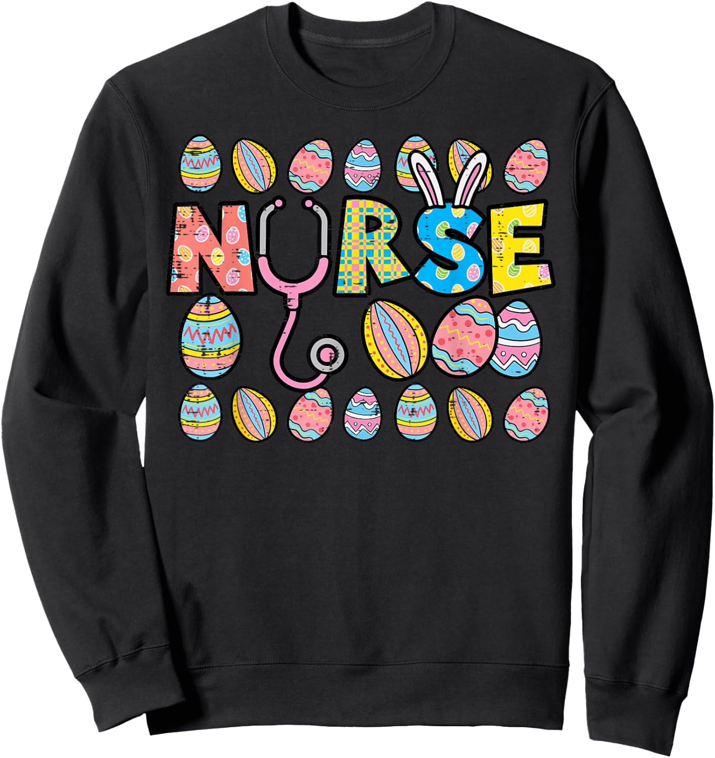 Easter Eggs Nurse Stethoscope Scrub Top Spring Squad Women Sweatshirt - Sweatshirt | Black