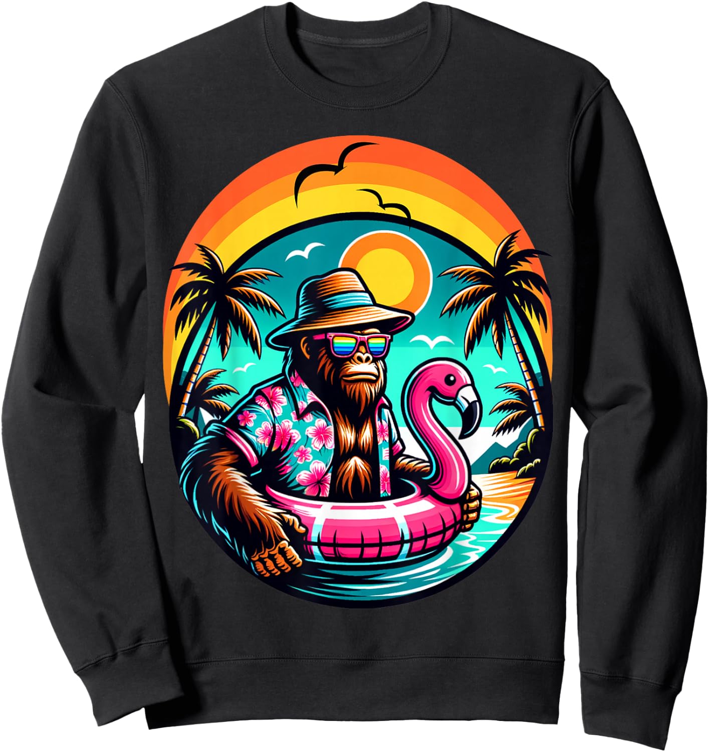 Bigfoot Pink Flamingo Aloha Pool Party Hawaiian Party Sweatshirt - Sweatshirt | Black