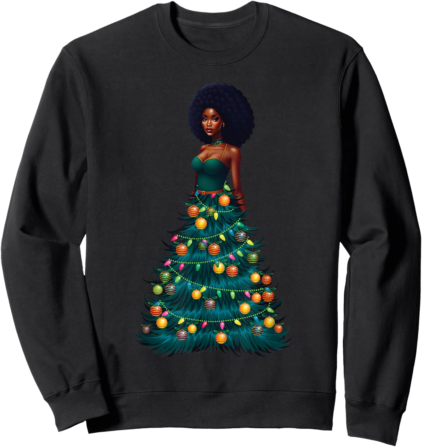 African American Woman Christmas Tree Dress Xmas Decor Sweatshirt - Sweatshirt | Black