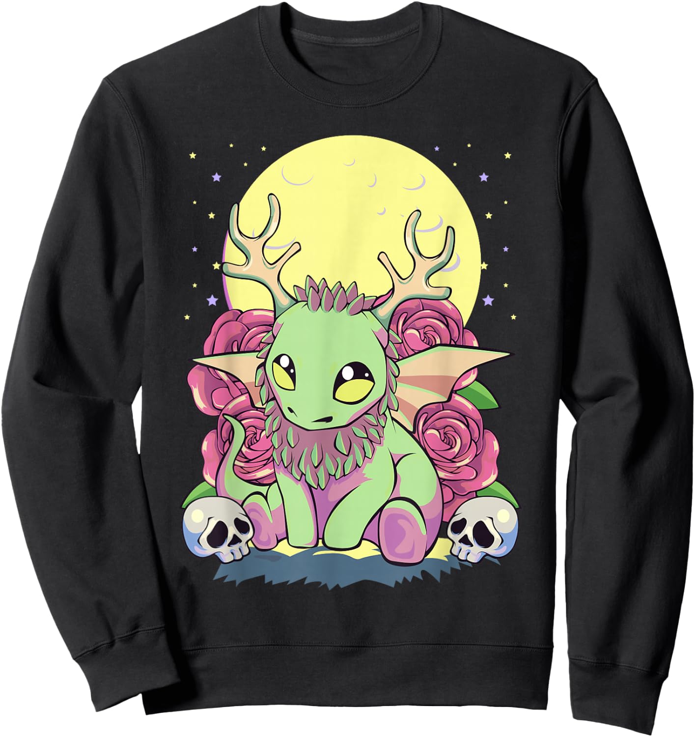 Pastel Goth Kawaii Occult Jackalope Cryptid Dragon Roses Sweatshirt - Sweatshirt | Black
