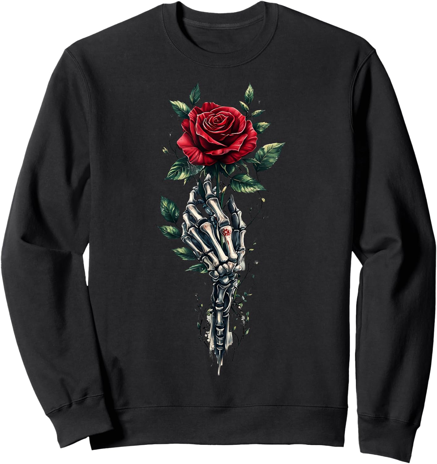 Skeleton Hand Holding Rose Red Rose Flower Sweatshirt - Sweatshirt | Black