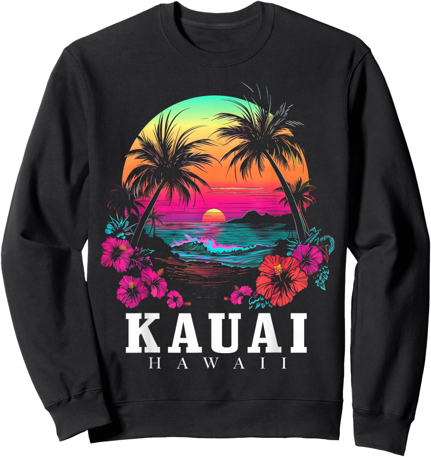 Kauai Hawaii Hawaiian Hibiscus Flowers Surfer Souvenir Sweatshirt - Sweatshirt | Black